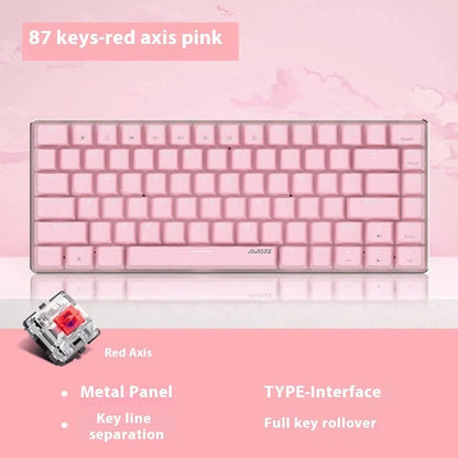 Pink mechanical keyboard with 82 keys and white backlight illumination on a desk.