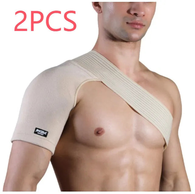 Adjustable skin-colour one-shoulder sports protective strap for weightlifting and running.