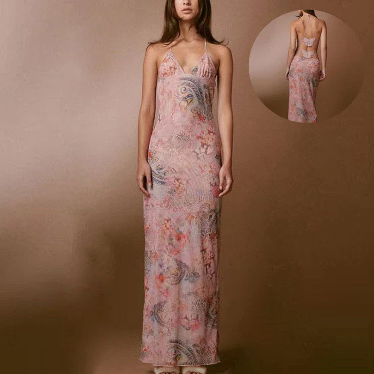 Chic floral halter dress with butterfly-inspired back, available in various vibrant colors and sizes