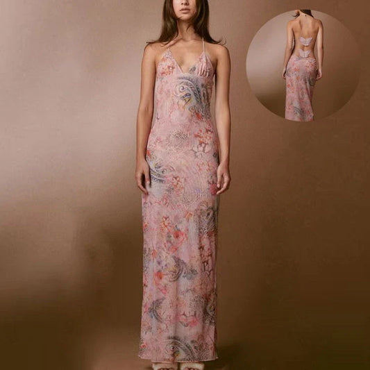 Chic floral halter dress with butterfly-inspired back, available in various vibrant colors and sizes