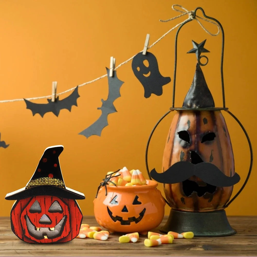 Plywood wooden pumpkin lamp ornament in JM01442 style, 15-20 cm tall Halloween decor with carved details