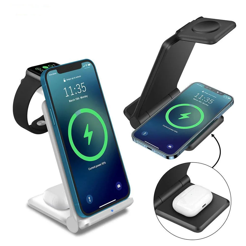 White 3-in-1 wireless charging station dock for iPhone, Samsung phone, Apple Watch and AirPods