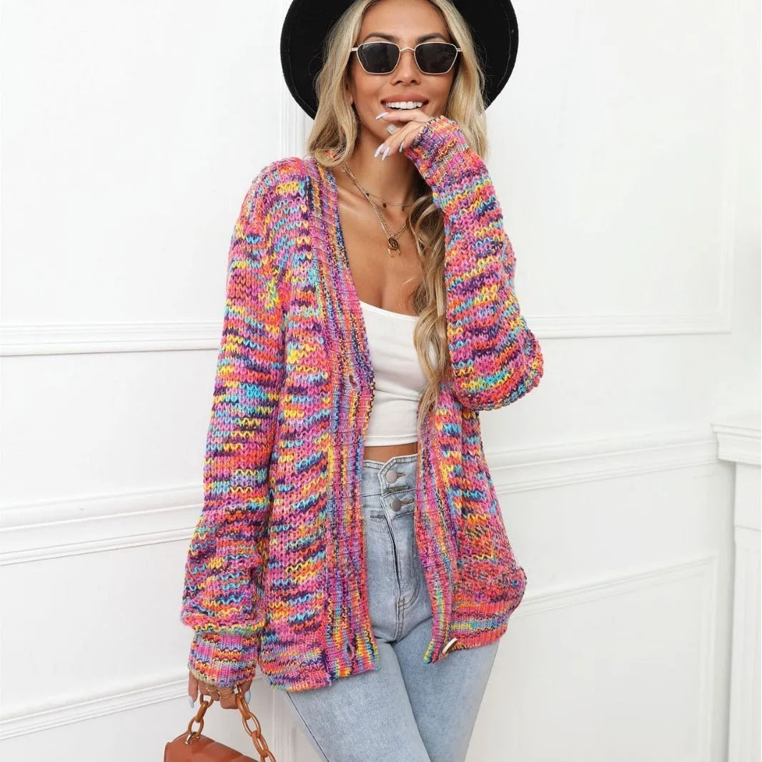 Rose red rainbow mixed colour festival dyed short cardigan knitted coat with loose fit and regular sleeves