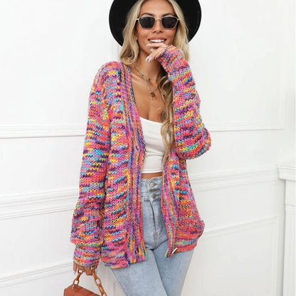 Rose red rainbow mixed colour festival dyed short cardigan knitted coat with loose fit and regular sleeves