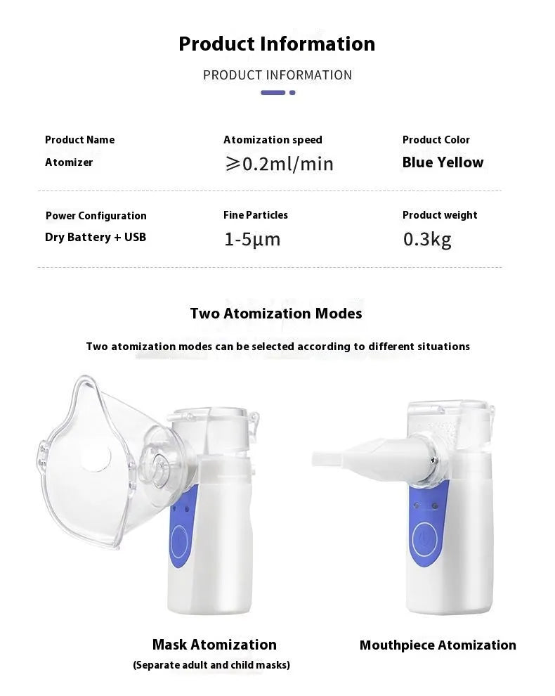 A white columnar handheld USB nebuliser spray machine with a single mist outlet on a table.
