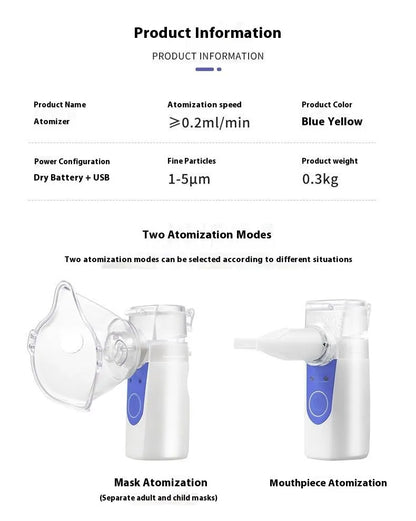 A white columnar handheld USB nebuliser spray machine with a single mist outlet on a table.