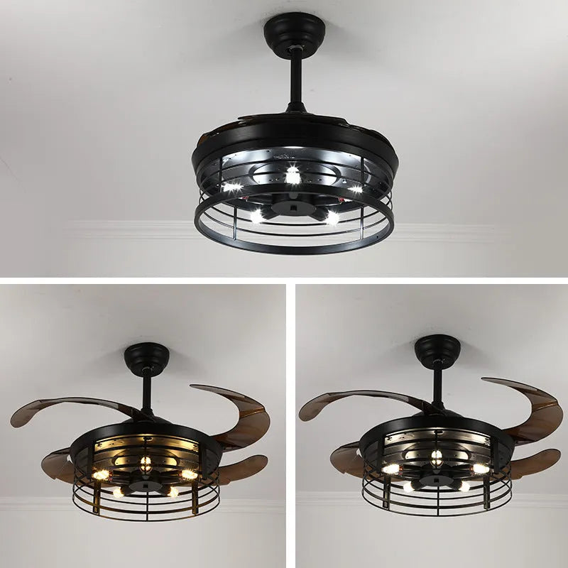 Industrial American retro ceiling fan lamp with 42-inch acrylic blades and remote control on wooden table