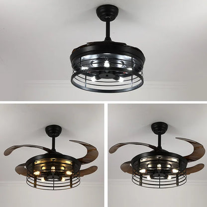 Industrial American retro ceiling fan lamp with 42-inch acrylic blades and remote control on wooden table