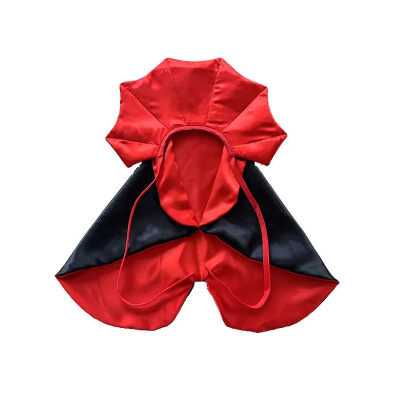 Small dog wearing a red bat devil cloak and pointed hat Halloween costume.