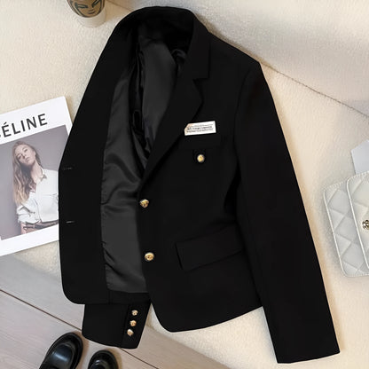 Black loose-fit women's short coat with long sleeves and pockets for college or commute wear.