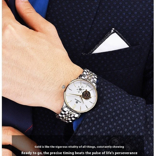 Automatic mechanical men's business watch with brown leather strap and circular dial showing 11mm thickness