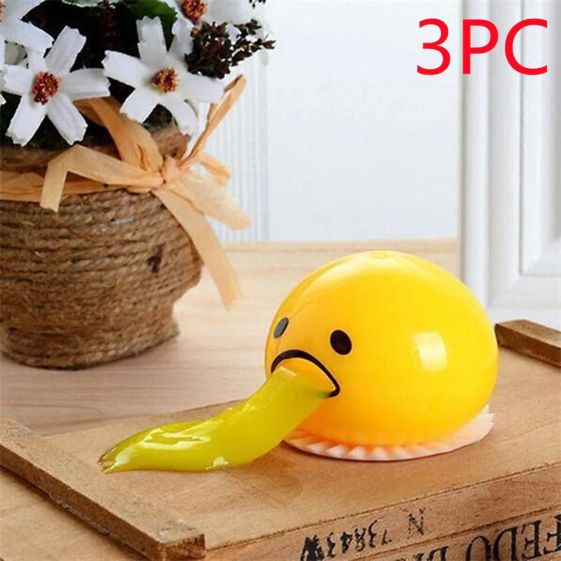 Gudetama Vomiting Egg Toy in green, orange, pink, and yellow for stress relief and fun