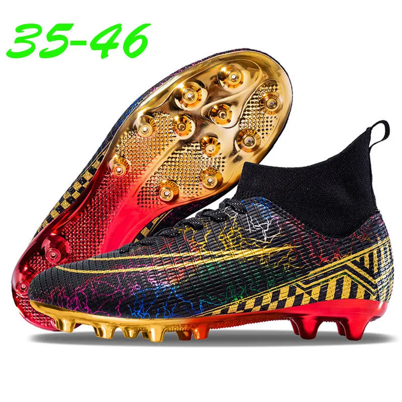 High-top soccer shoes for men and middle school students with gold-plated PVC sole bottoms, designed for artificial grass and hard ground training, available in white, black, and mandarin duck colours with front lace-up wearing system