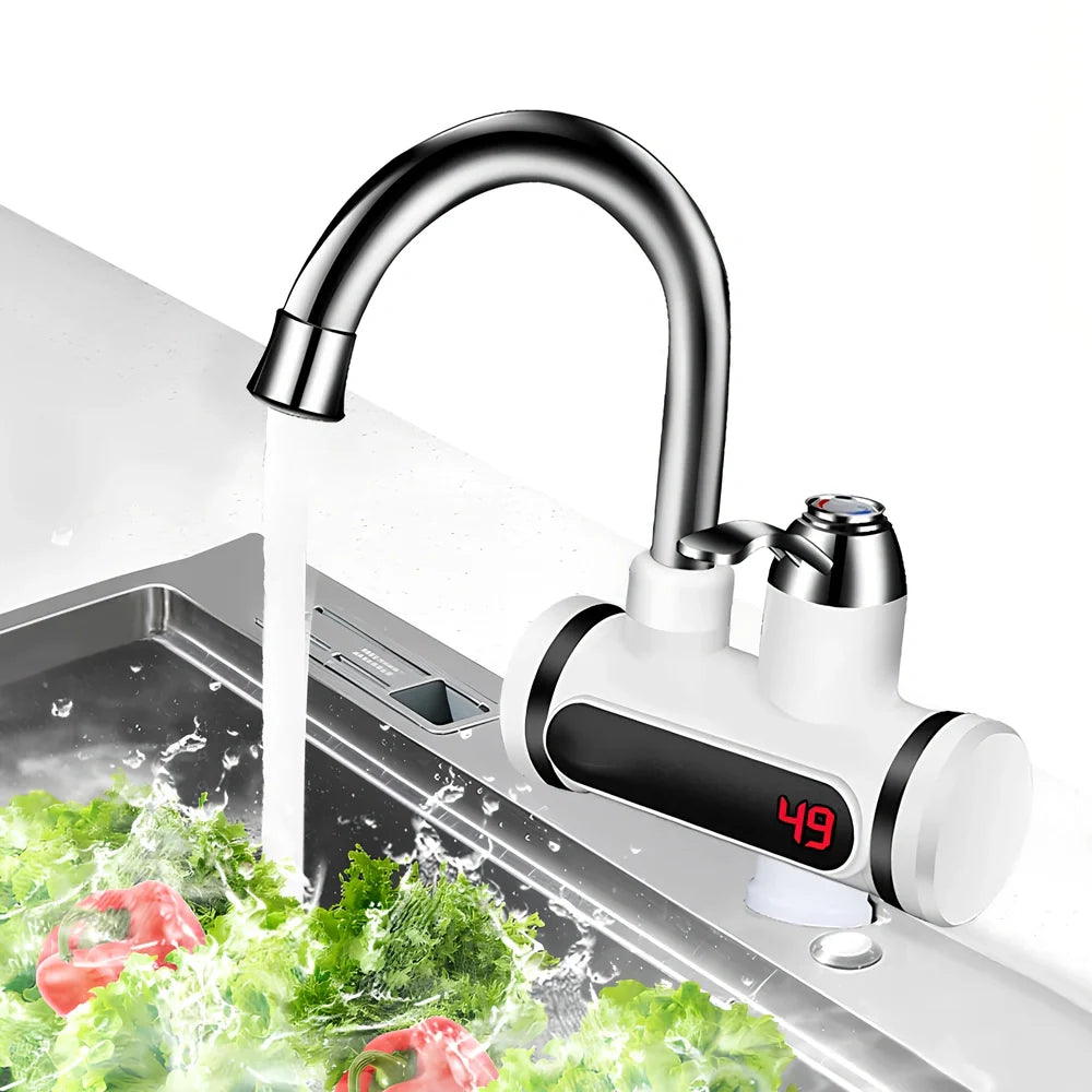 White kitchen electric water tap with digital temperature display showing instant heating capability