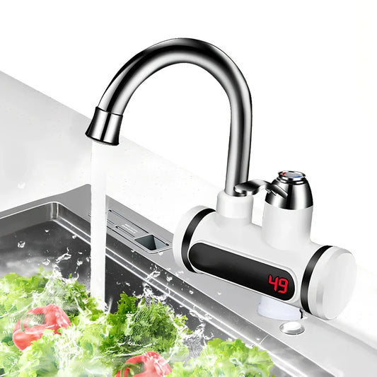 White kitchen electric water tap with digital temperature display showing instant heating capability