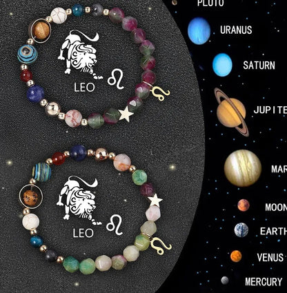 Two natural stone beaded bracelets with zodiac sign charms on adjustable knotted cords