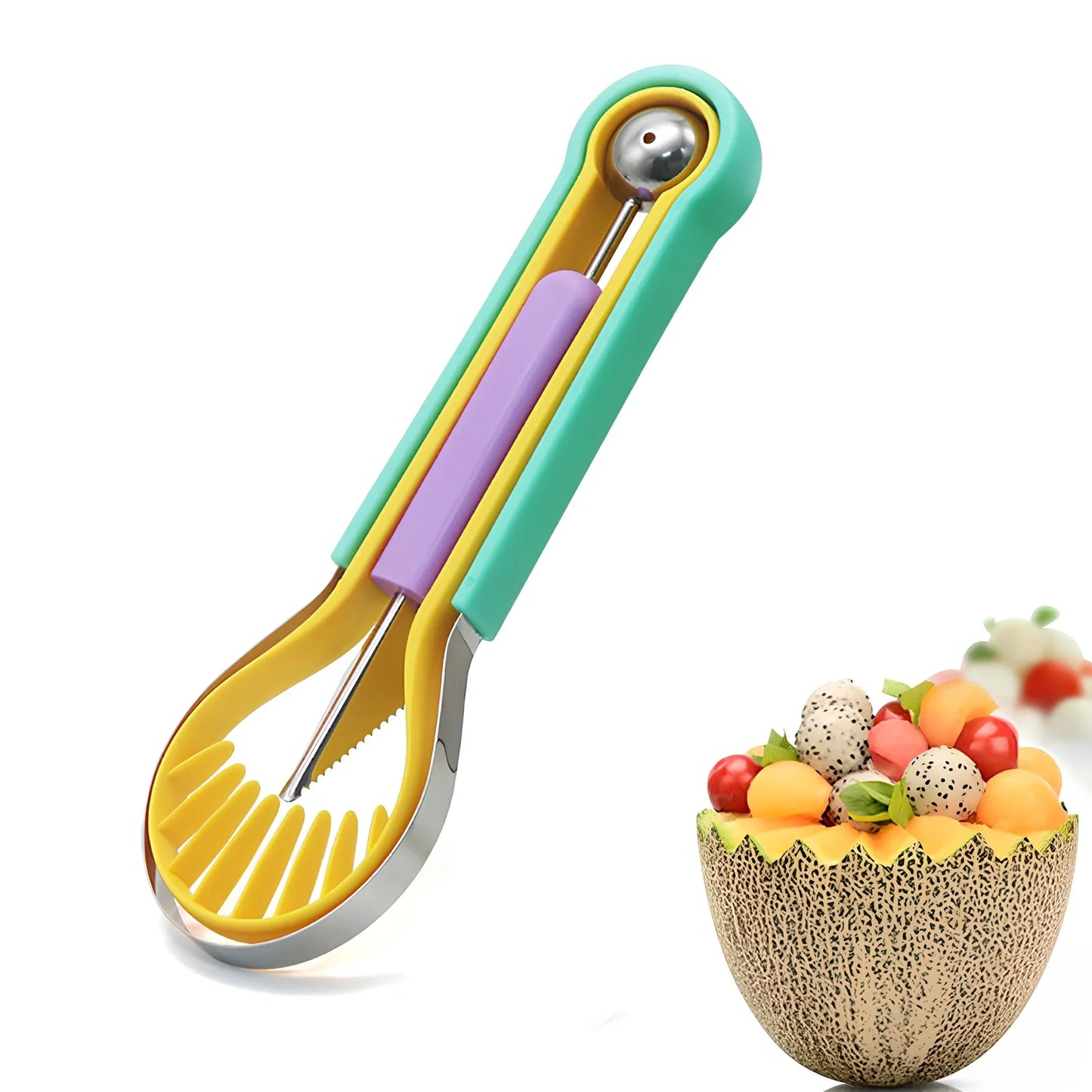 Three nested fruit tools showing V-shaped carver, large scoop and small scoop with PP plastic handles