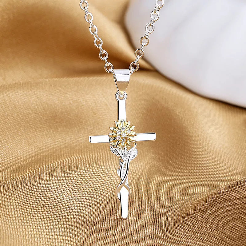 Gold and silver sunflower cross pendant necklace for women, made from durable copper