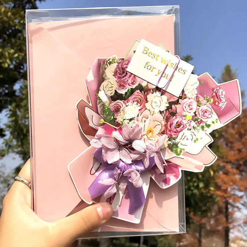 Handmade 3D pop-up greeting card with butterfly shape showing artificial flowers and hot stamping details