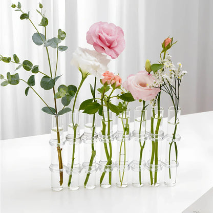 Clear glass hinged test tube vase with plants in curved arrangement