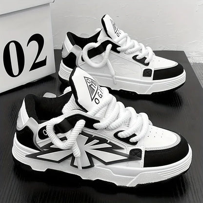 Men's white clunky sneakers with cartoon totem patterns, low-top design, and rubber soles for casual leisure wear