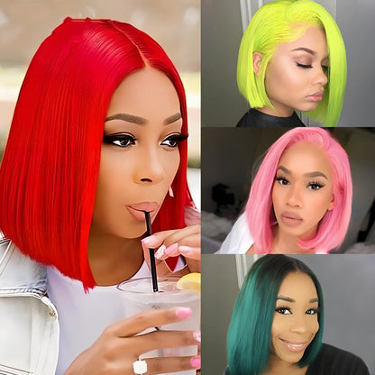 Human hair bob wig in green colour with straight bangs and 12-inch length