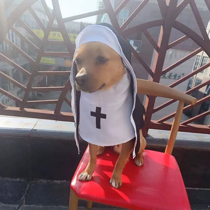 Black and white nun costume for small to medium dogs with pullover cloak design