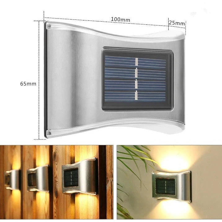Solar garden wall light with LED illumination measuring 30×75×100mm in black plastic finish