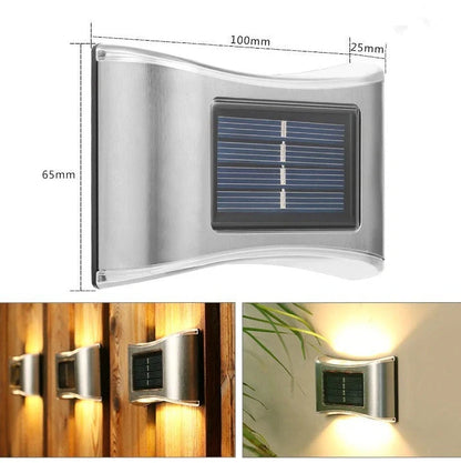 Solar garden wall light with LED illumination measuring 30×75×100mm in black plastic finish
