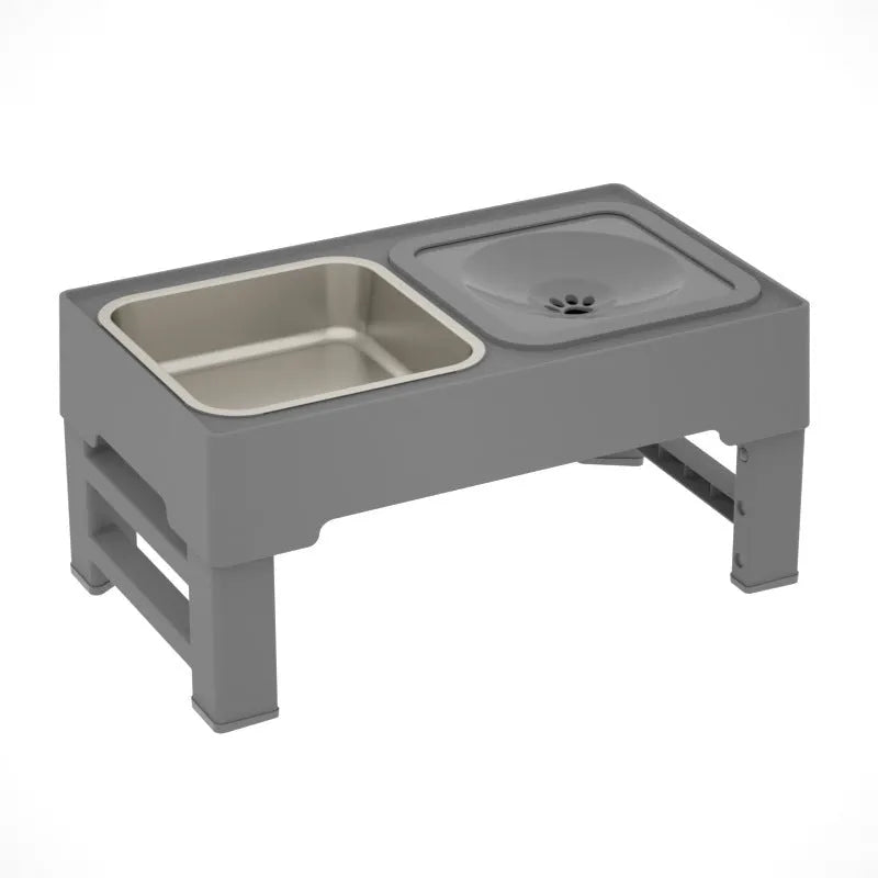 Adjustable height dog feeding stand with two stainless steel bowls in black or grey colours.