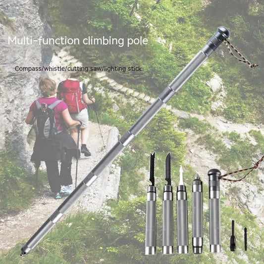 Silver aluminum alloy folding hiking stick for outdoor defense and trekking