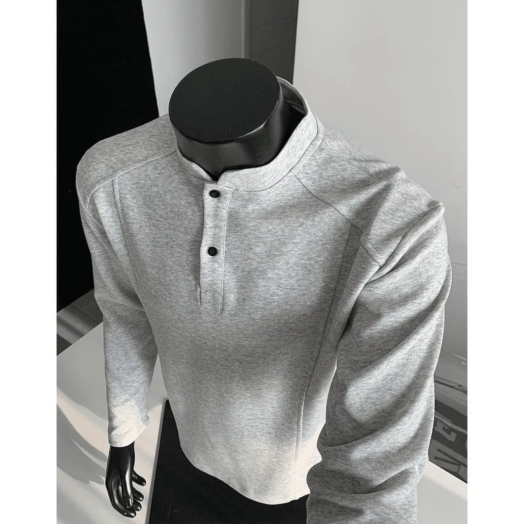 Men's asymmetric stand-up collar polo shirt with patchwork shoulders in Chinese cotton, available in three colours and seven sizes