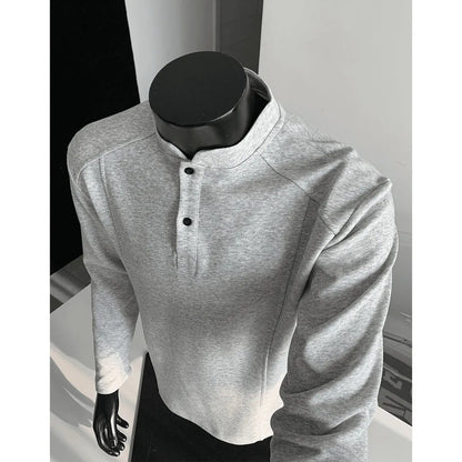 Men's asymmetric stand-up collar polo shirt with patchwork shoulders in Chinese cotton, available in three colours and seven sizes