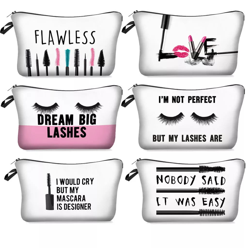 Digital printing lettered make-up bag with zipper closure for cosmetic storage