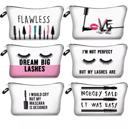 Digital printing lettered make-up bag with zipper closure for cosmetic storage