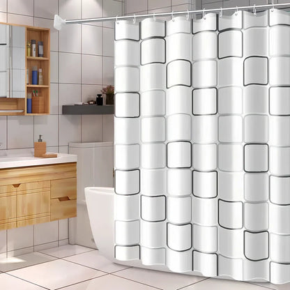Waterproof polyester shower curtain with printed design, available in multiple sizes for bathroom protection