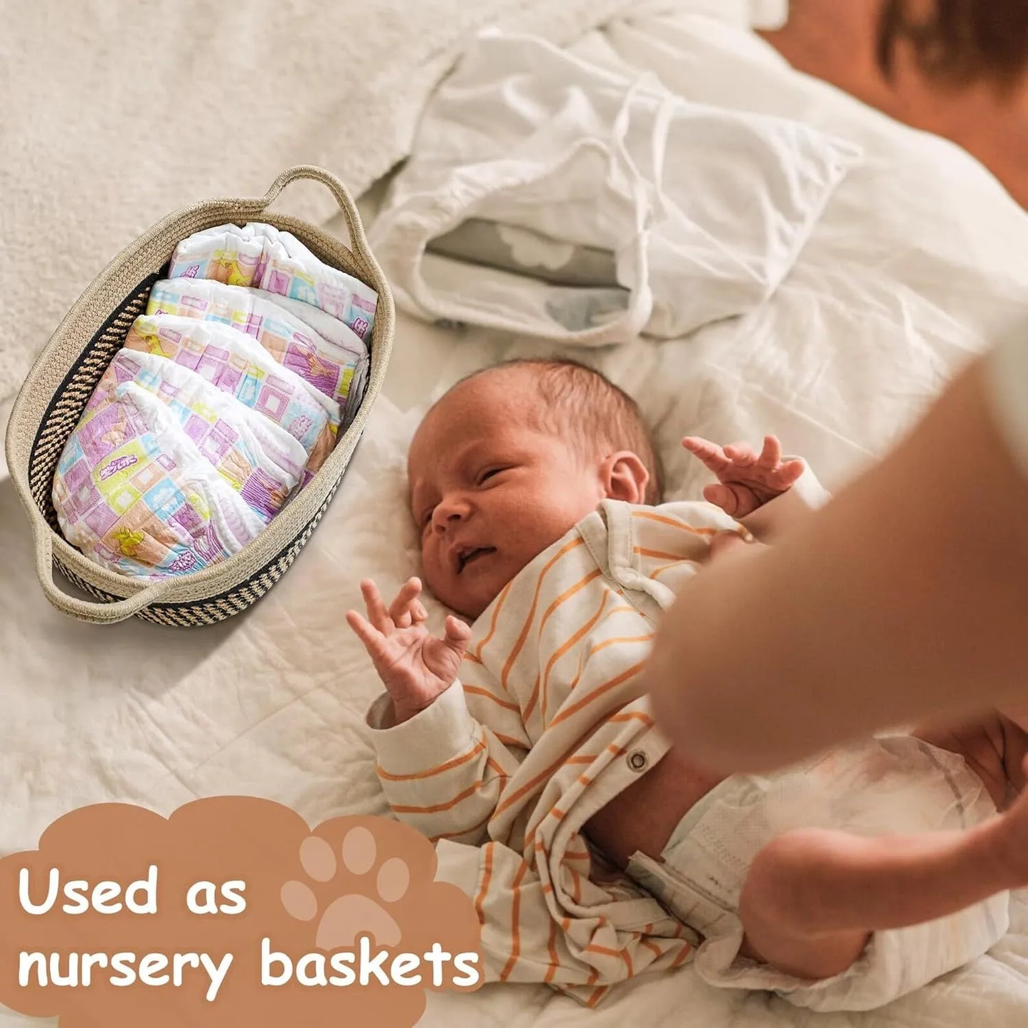 Handmade woven storage basket with handle measuring 34x26x15cm in light beige colour