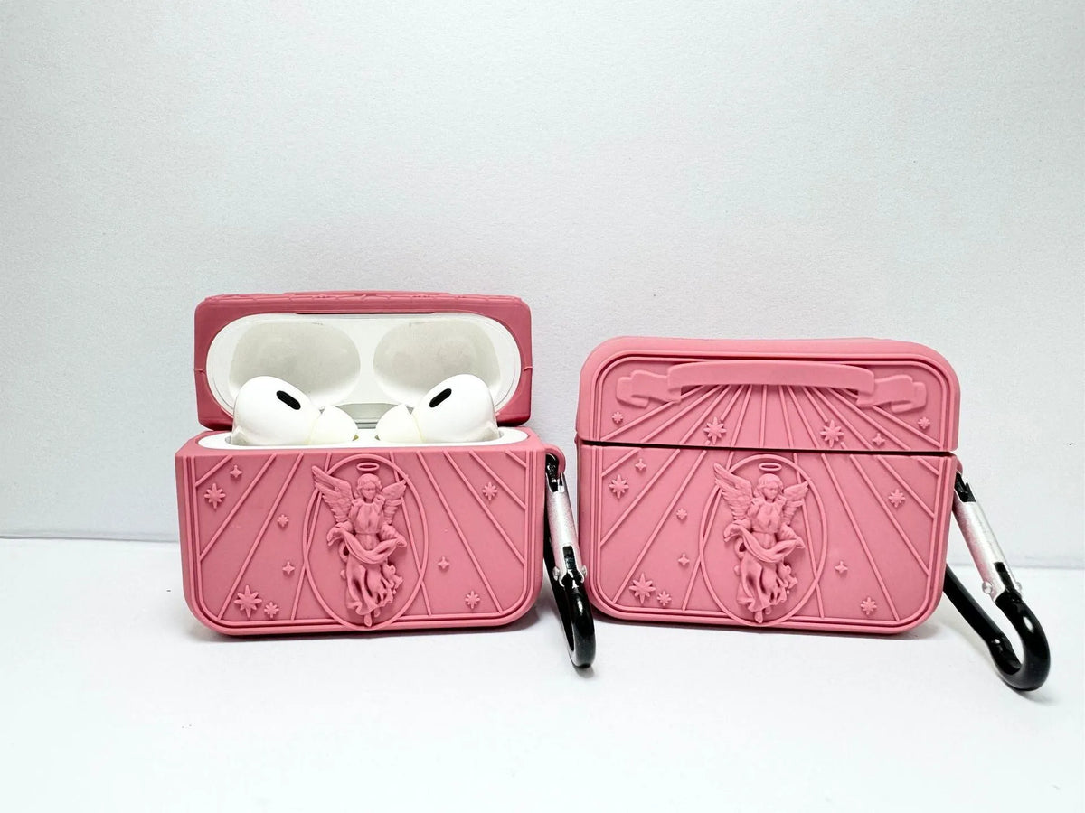 Silicone earphone case for Apple AirPods in white, grey, or red with 3D Angel design