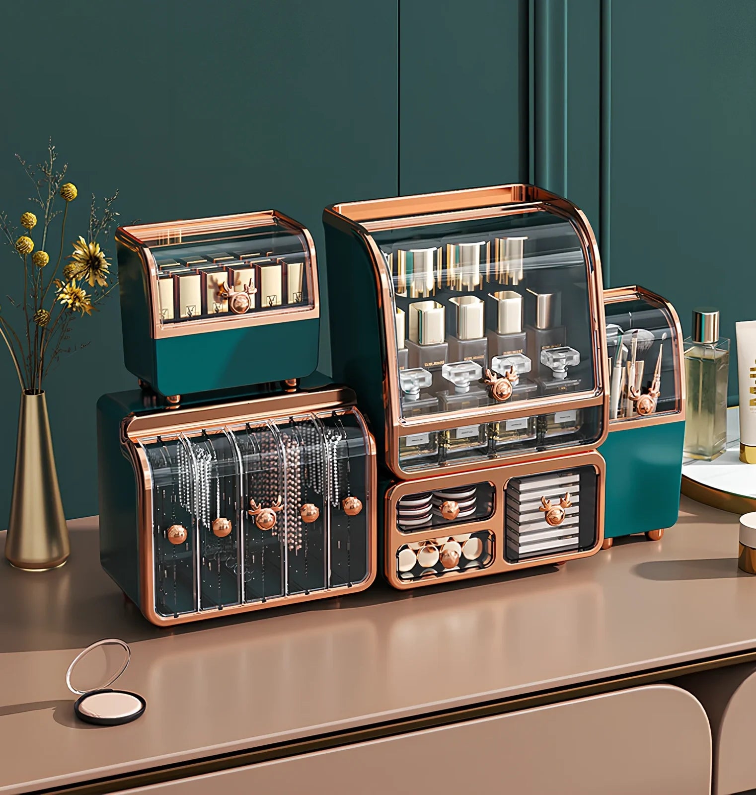 Light luxury plastic storage drawer in green for cosmetics, 25cm x 15cm with divided compartments for brushes and lipsticks