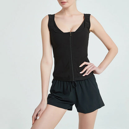 Women's black zip vest shapewear storm sweatshirt with adjustable design for comfort and style.