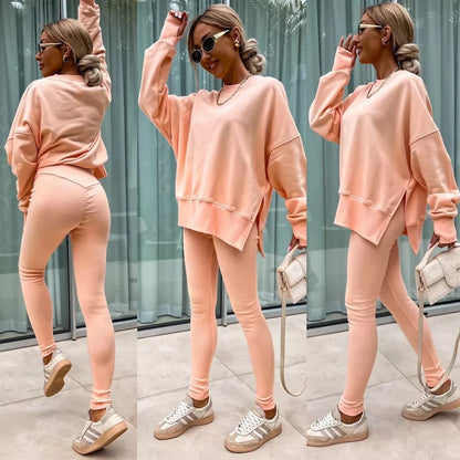 Women's casual sweater suit with long sleeve crew neck top and tight trousers in various colors