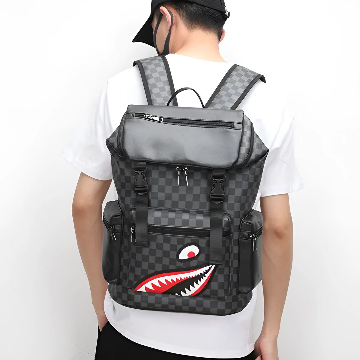 Korean casual checkered printed large capacity backpack in black colour