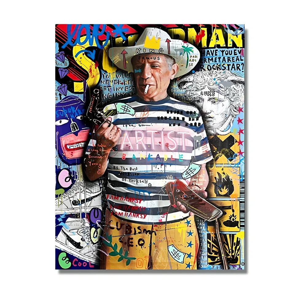 Spray-painted abstract graffiti artwork on frameless canvas poster showing urban street art design