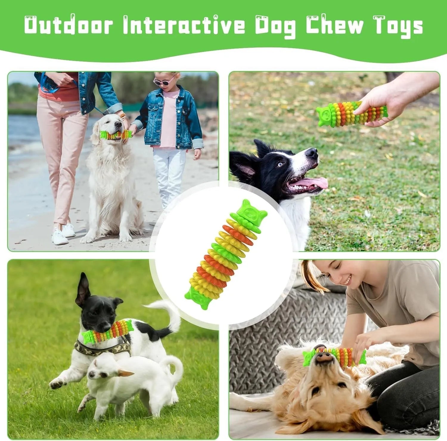 Blue natural rubber caterpillar-shaped dog chew toy measuring 17cm long