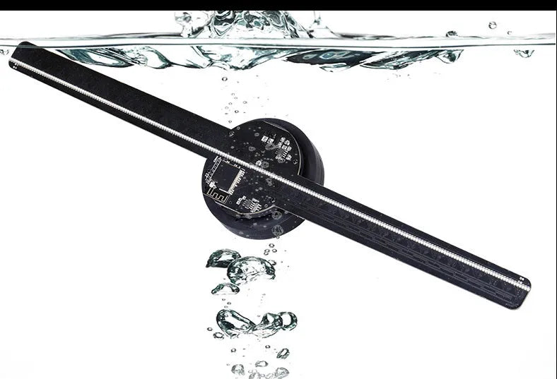 Black naked eye 3D holographic LED fan screen display unit on a floor stand.