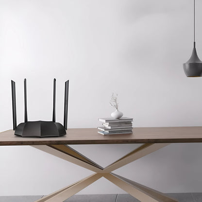 AC8 dual-band wireless router with gigabit ports measuring 365mm by 286mm