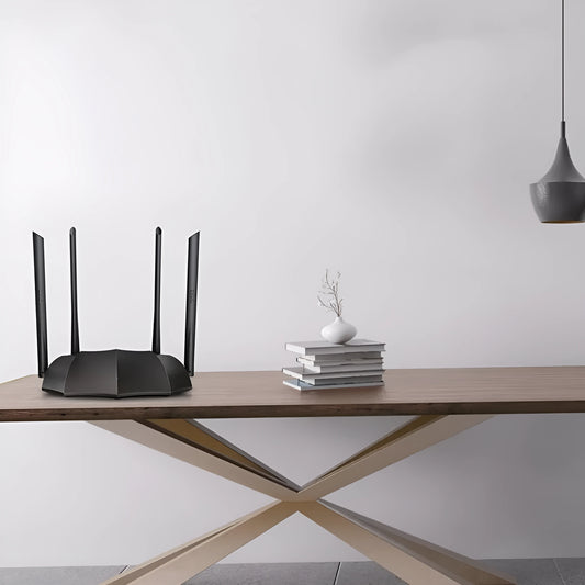 AC8 dual-band wireless router with gigabit ports measuring 365mm by 286mm