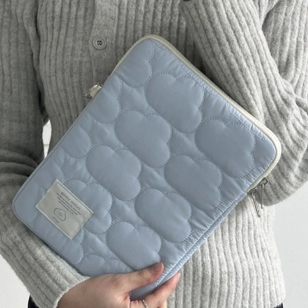 Cloud embroidery cotton notebook storage bag for iPad and tablet PC in white or blue, 11 to 15.6 inch sleeve