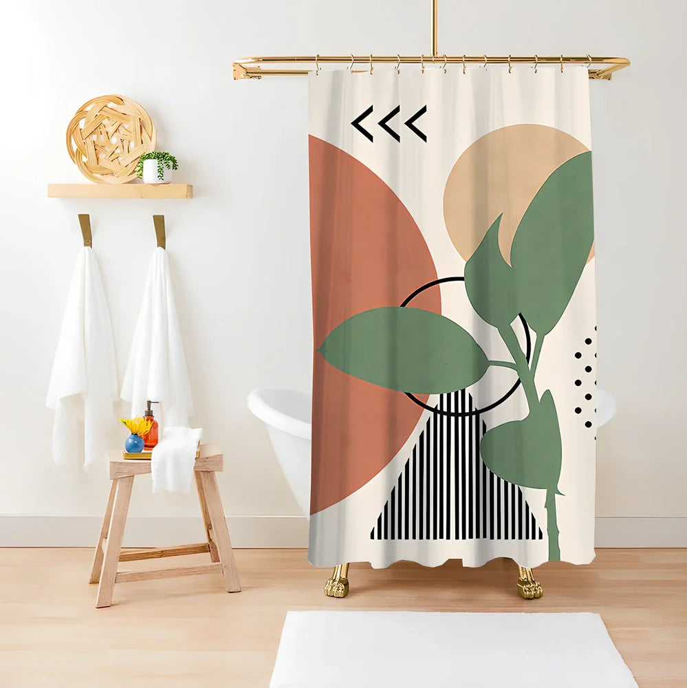 Green plant print shower curtain with waterproof polyester material in bathroom setting