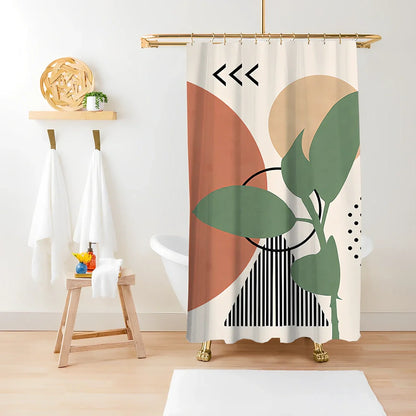 Green plant print shower curtain with waterproof polyester material in bathroom setting